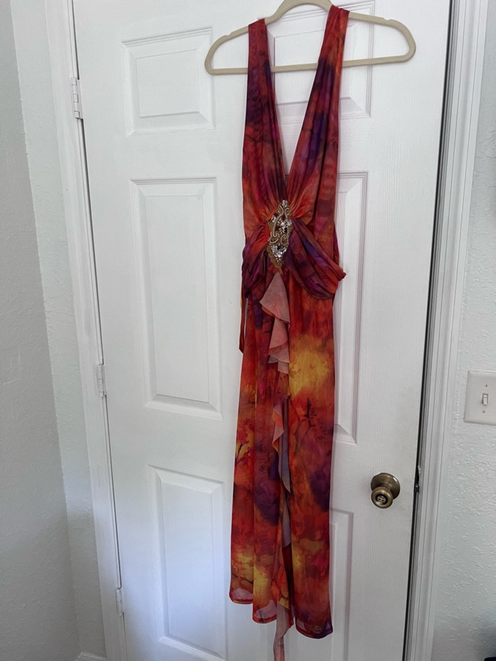 Jaded London Red Orange Print Backless Evening Dress